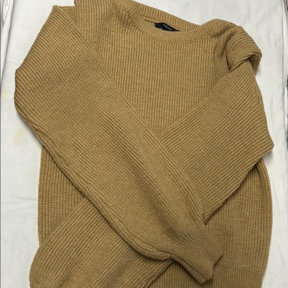 Tan sweater with folded shoulder detail